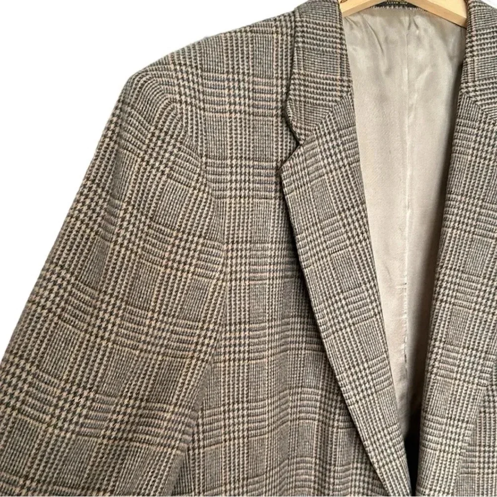CRICKETEER Vintage Wool Camel Hair Blazer Sport Coat Brown Plaid Ivy Classic 46L